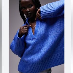 TOPSHOP KNITTED WIDE RIBBED COLLAR V-NECK DROP SHOULDERS CROP SWEATER BLUE SZ M